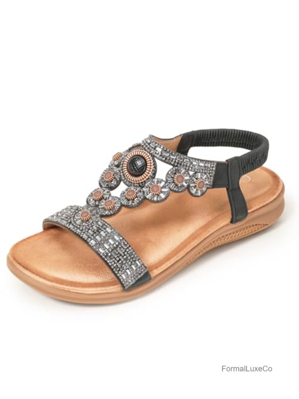 Boho Beaded Rhinestone T-Strap Elastic Slingback Flat SandalsFaux Leather Faux